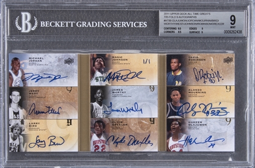 2011 Upper Deck All-Time Greats "Tri-Fold 9 Autographs" #AT9-9 Multi-Signed Card (#1/1) – Featuring the Signatures of Jordan, West, Bird and Six Others – BGS MINT 9/BGS 9